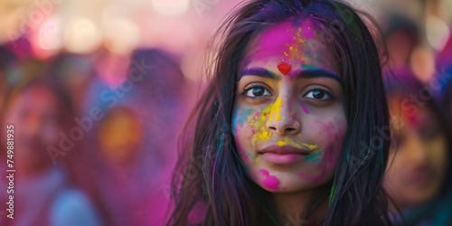 Holi festival. Portrait of beautiful indian young woman with colourful powder paint on her face. People celebrating Holi on background. Widescreen banner.