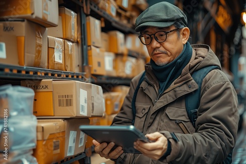 Man using tablet in warehouse with shelving and books