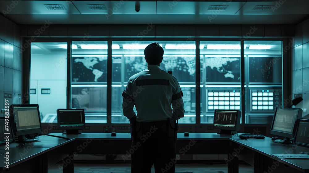 Security Officer Monitoring Data in Control Room. A security officer stands watchful in a control room filled with computers and global data screens, ensuring safety and surveillance.
Security Officer Monitoring Data in Control Room. A security officer stands watchful in a control room filled with computers and global data screens, ensuring safety and surveillance.