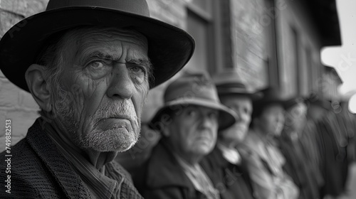 A black and white photograph of frustrated and broken men standing in line during a Depression. © Rando