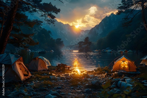 Camping area with tents next to a river at sunset. Summer vacation image