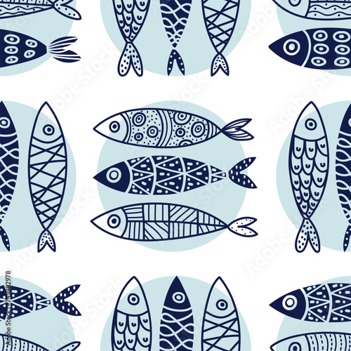Cute sardines and polka dot. Kids background. Seamless pattern. Can be used in textile industry, paper, background, scrapbooking.