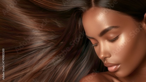 A portrait of a beautiful black woman with glowing and shiny hair. Haircare, beauty and cosmetics concept.
