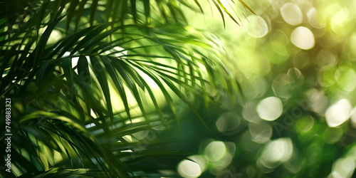 This blurry view captures the vibrant green palm tree leaves in a garden setting.