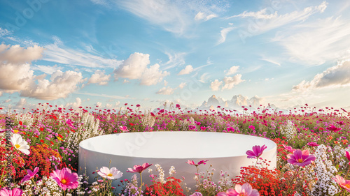 3D rendering, platform and natural podium background on colorful flower field with sky for product stand display advertising cosmetic beauty products or skincare with empty round stage.