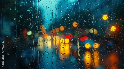 Rain drops on window glass, abstract background with bokeh effect. Rain drops with city lights background.