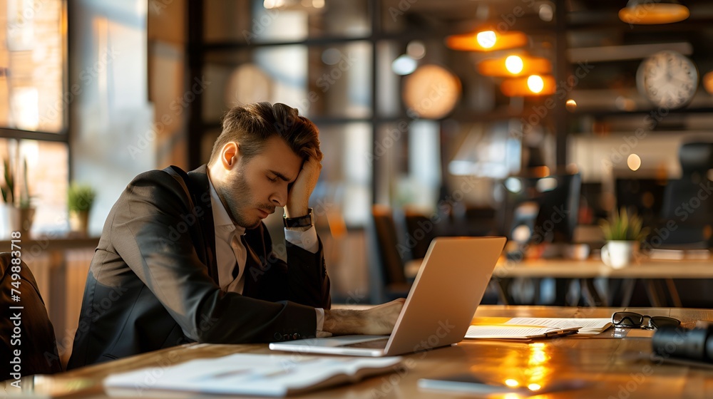 A tired man in a suit working on his laptop, looking burned-out. A tired man in a suit working on his laptop, looking burned-out.