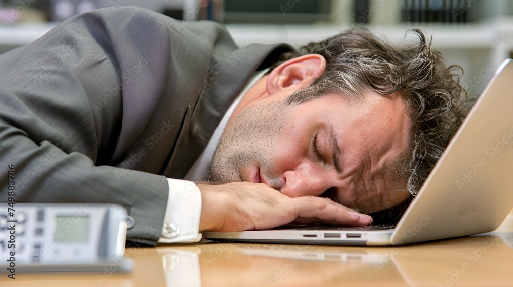 Tired businessman sleeping on the laptop and desk. Tired businessman sleeping on the laptop and desk.