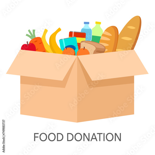 Food donation box for poor and homeless people in flat design on white background.