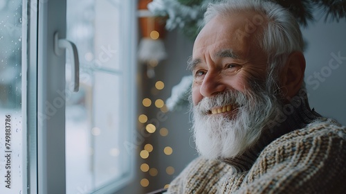 A smiling old man with grey hair and a beard, wearing a sweater, posing smilingly next to a window during the Christmas holidays. photo