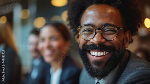Happy businessman with beard and glasses leading meeting with colleagues in a modern office setting