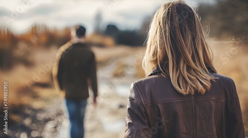 A portrait of an unhappy stand-offish couple after an argument outdoors.