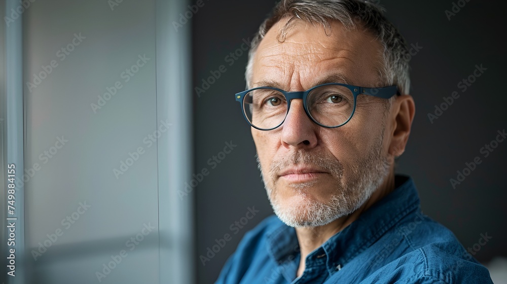 A middle-aged man with eyeglasses, grey hair, a beard, and a blue shirt. A middle-aged man with eyeglasses, grey hair, a beard, and a blue shirt.