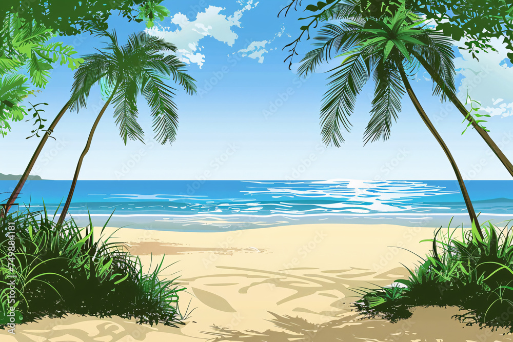 Fototapeta premium Tropical beach scene with palm trees and clear blue sky in a serene landscape