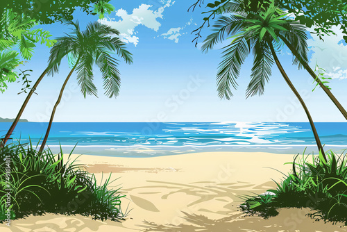 Tropical beach scene with palm trees and clear blue sky in a serene landscape