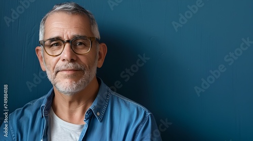 A middle-aged man with eyeglasses, grey hair, a beard, and a blue shirt posing with a gentle smile.