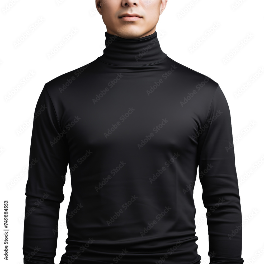 A basic black turtleneck with blank label isolated on transparent background, png