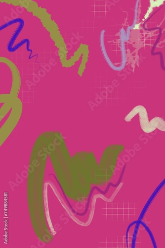 Pink background with green and purple paint swatches, abstract background design illustration
