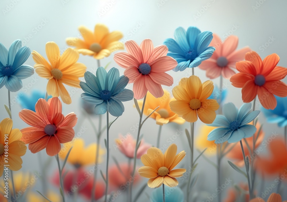 Vibrant Field of Colorful Daisies in Blue, Yellow, and Orange Flowers on a Beautiful Summer Day