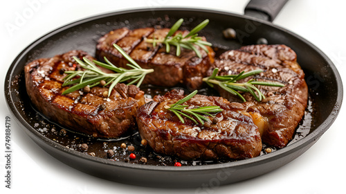 Grilled steaks in a frying pan isolated on white background. Generative Ai