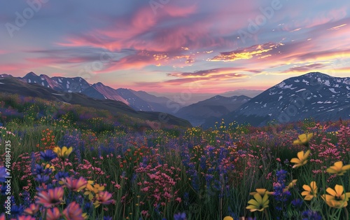 A high mountain meadow with wildflowers  under a sky streaked with the colors of the dawn
