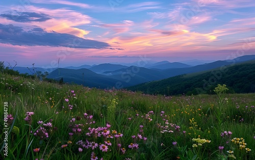 A high mountain meadow with wildflowers  under a sky streaked with the colors of the dawn