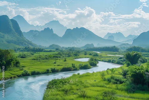 A lazy river winding through a lush green landscape, flanked by mountains in the distance under a wide sky