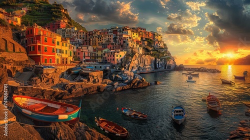 A panoramic view of a coastal village at sunset, the houses painted in warm colors, with boats bobbing in the harbor