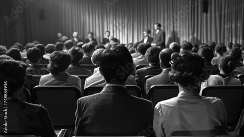 A rear view of people seated in the audience at a conference hall, engaged and attentive, possibly listening to a speaker or participating in a conference session.