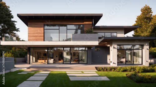 Sophisticated Property Huge Windows Wood Touches Landscaped Gardens Evening  © Fred