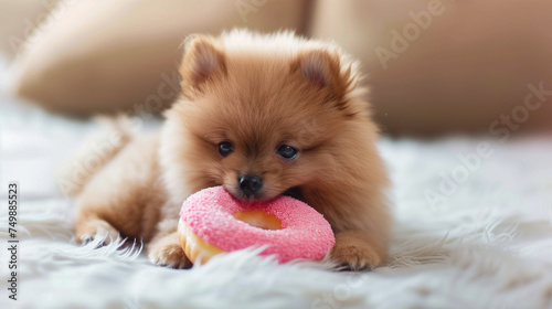 Cute puppy biting a doughnut with sprinkles, warm home background.