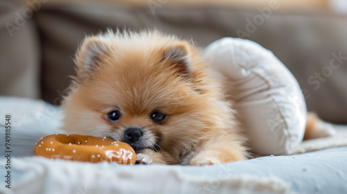 Cute puppy biting a doughnut with sprinkles, warm home background.