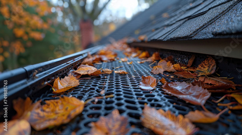 The roof gutter became clogged with leaves and debris, causing damage to the plastic leaf screen and gutter guard. Clogged roof gutters, copy space photo
