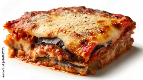 Slice of eggplant lasagna with layers of tomato sauce and melted cheese on a white background. Studio food photography for design and print