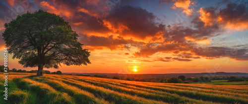Landscape of a beautiful sunset or sunrise on a field and one growing tree. Panorama. 