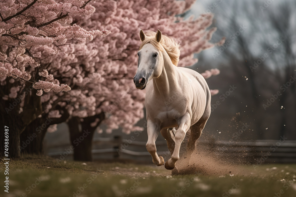Obraz premium Horse Running Fast Against Blooming Cherry Blossoms