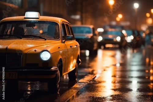 Old-fashion yellow taxi car on a night road