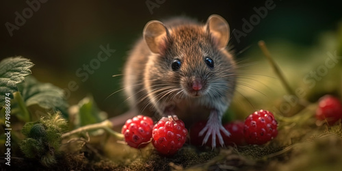Wild Grey Mouse Eating Fresh Raspberry In The Forest