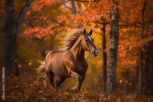Horse Running Fast Through An Autumnal Forest