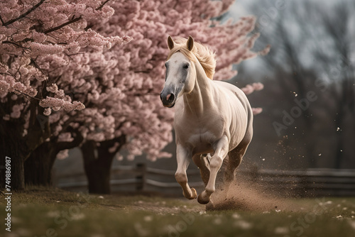 Horse Running Fast Against Blooming Cherry Blossoms