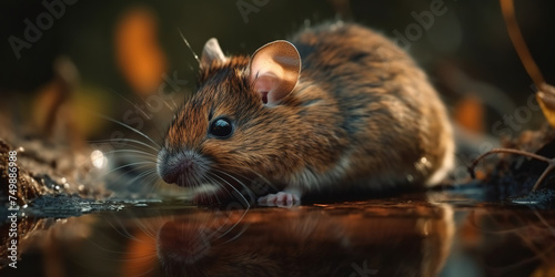Grey Mouse Over Puddle Of Water In Autumn Forest © tan4ikk