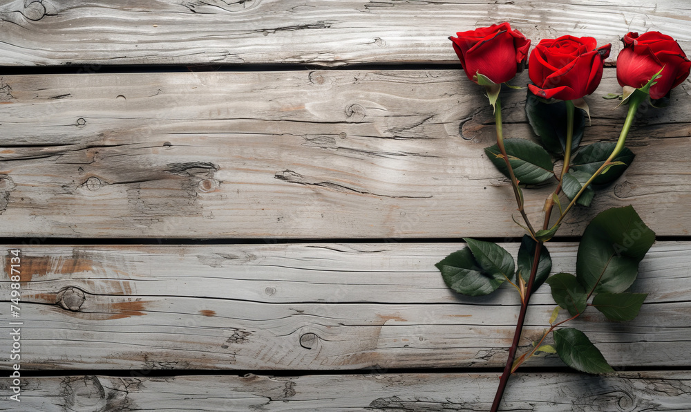 Happy Valentine's Day: Red Roses Over Rustic Wood
