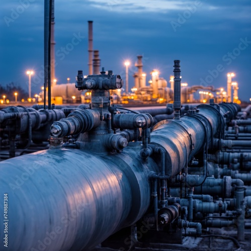 Sunset view of an industrial facility with glowing pipeline valves 