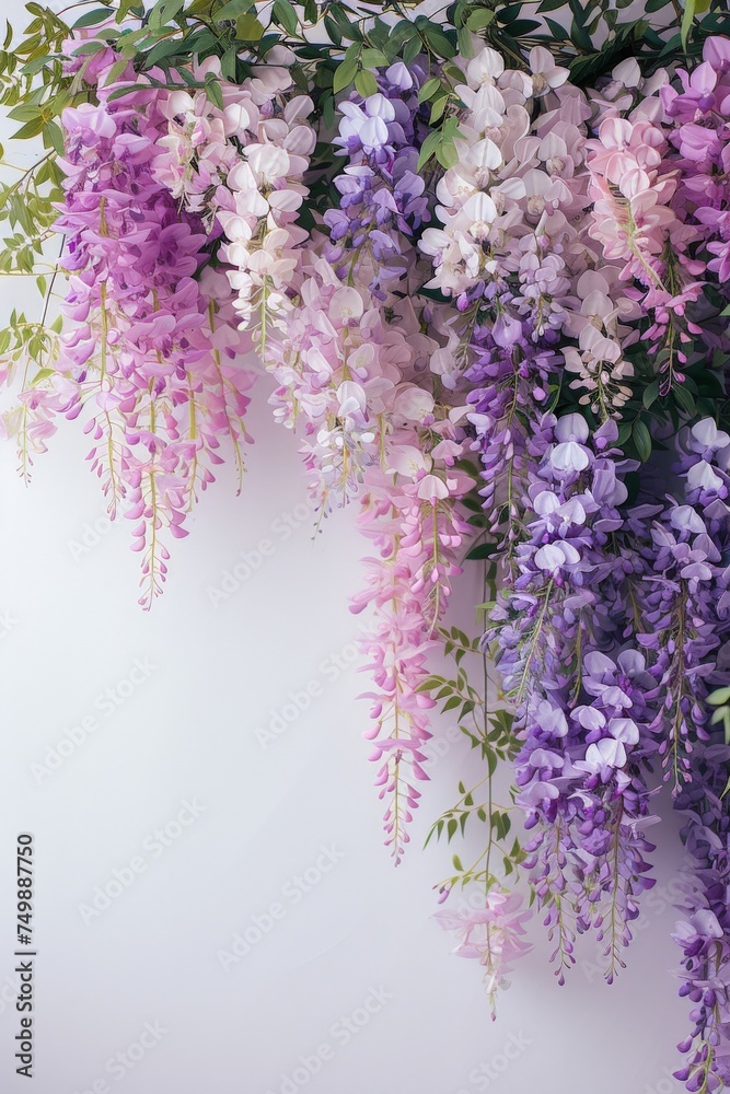 Beautiful Purple and Pink Wisteria Flowers Hanging Against White Wall Background in Garden or Park Beautiful Purple and Pink Wisteria Flowers Hanging Against White Wall Background in Garden or Park