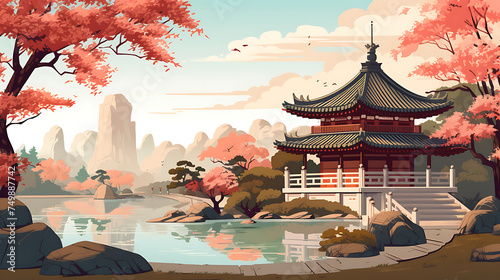 A vector illustration of a traditional Chinese garden.