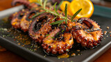 Grilled octopus on black plate. Traditional Mediterran. Generative Ai