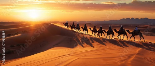 A caravan of camels crossing the vast dunes of the Sahara Desert at sunset, the golden sands stretching to the horizon
