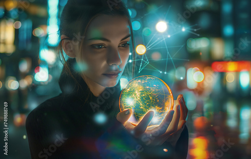 Enchanting Woman Gazing at a Glowing Orb with Network Connections in a Night Cityscape