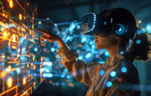 Virtual Reality Exploration: Woman Engaging with Interactive Holographic Interface