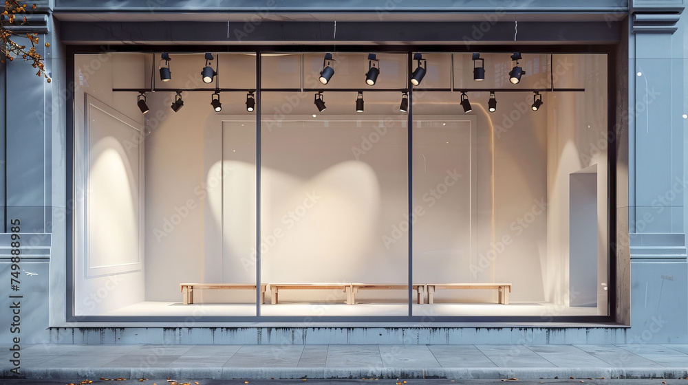 empty glass frosted wall for small shop with spotlight,Empty illuminated storefront.